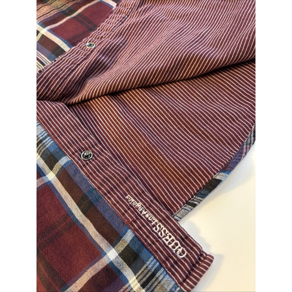 Vintage GUESS Western Plaid Maroon‎ Pearl Snap Rancher Ticking Lined Men's XL - Picture 4 of 7
